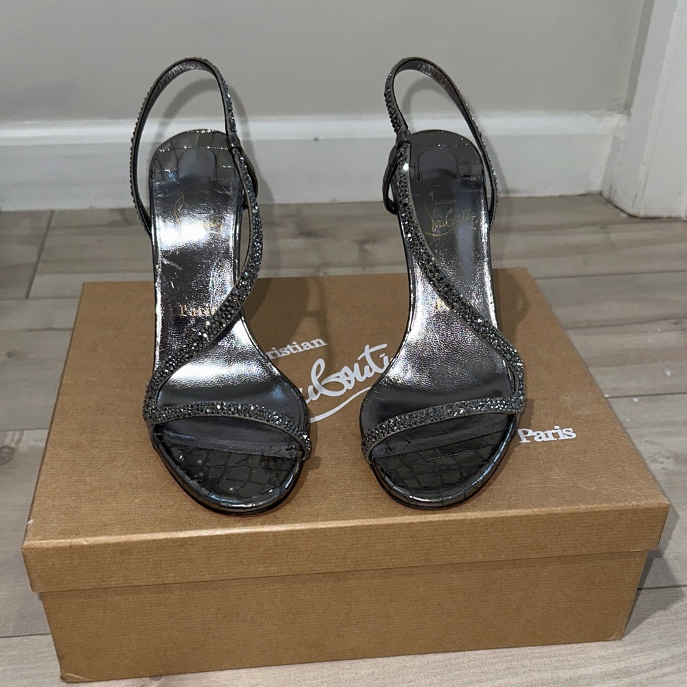 Christian Louboutin Rosalie Strass 100 Suede Met/Ali Silver Strappy Heels